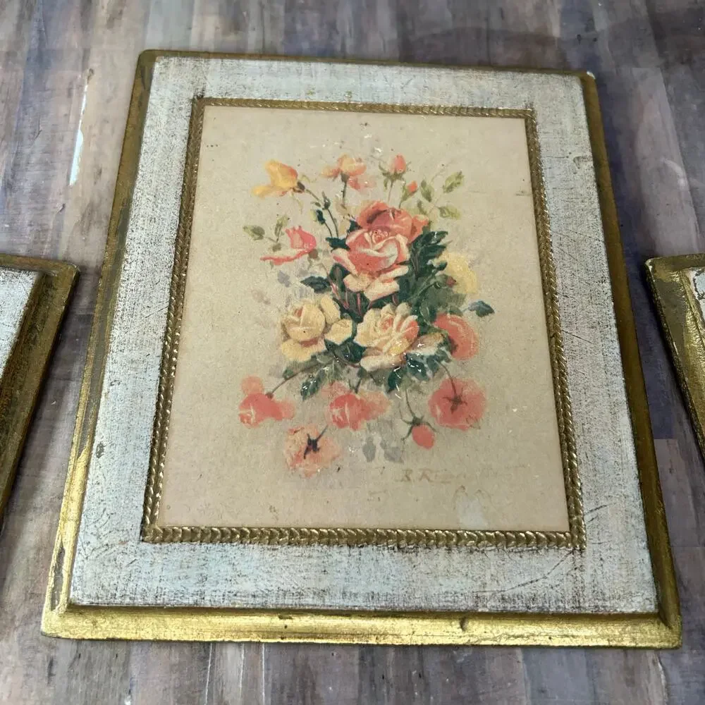 Vintage Marked Made in Italy Small Rectangles Floral Art Wall Frames Paintings
